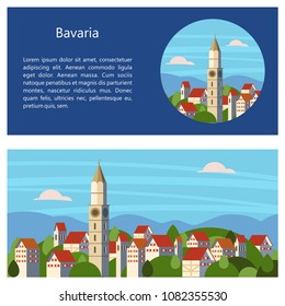 Bavaria, Germany. Beautiful landscapes, traditional architecture of Bavaria. Castles, villages, cities, mountains, fields. Postcards, logos, emblems with space for text.