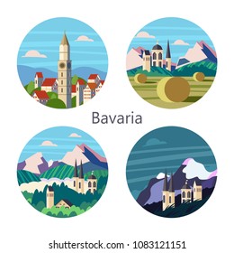 Bavaria, Germany. Beautiful landscapes, traditional architecture of Bavaria. Castles, villages, cities, mountains, fields. Postcards, logos, emblems with space for text.