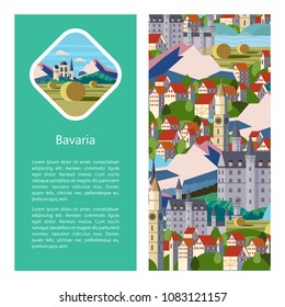 Bavaria, Germany. Beautiful landscapes, traditional architecture of Bavaria. Castles, villages, cities, mountains, fields. Postcards, logos, emblems with space for text.