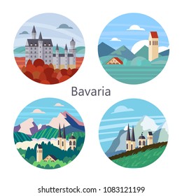 Bavaria, Germany. Beautiful landscapes, traditional architecture of Bavaria. Castles, villages, cities, mountains, fields. Postcards, logos, emblems with space for text.