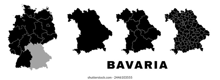 Bavaria map, German state. Germany administrative division, regions and boroughs, amt and municipalities.