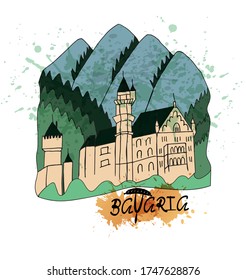 "Bavaria old castle" landscape  in the mountains and forest vector illustration with handwritten lettering, watercolor spray and drops. Domestic tourism poster