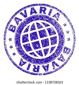 BAVARIA stamp imprint with distress texture. Blue vector rubber seal imprint of BAVARIA tag with scratched texture. Seal has words placed by circle and globe symbol.