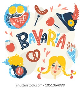 Bavaria - tourism symbols isolated on background, hand drawn vwctor illustration for travel guide, flyer, banner. Beer, sausage, woman, pretzel.