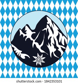 The Bavarian Alps in the background. Seamless background with a graying circle. The Alps and the Edelweiss. Vector illustration isolated on a white background for design and web.