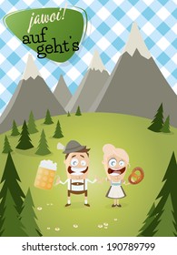 bavarian background with traditional people and text that means yes let's go.