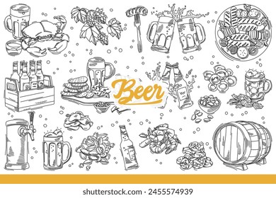 Bavarian beer in bottles with mugs with foam near appetizers of BBQ sausages or seafood. Set of alcoholic cold beer or pint of hops for cool party on eve of oktoberfest. Hand drawn doodle