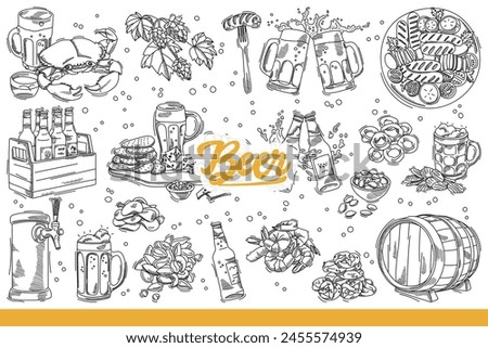 Bavarian beer in bottles with mugs with foam near appetizers of BBQ sausages or seafood. Set of alcoholic cold beer or pint of hops for cool party on eve of oktoberfest. Hand drawn doodle