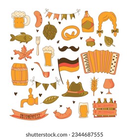 Bavarian beer festival for greeting card, invitation, banner, poster, pack, sticker, glass. Oktoberfest design elements. All objects are separated. Vector illustration