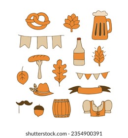 Bavarian beer festival for greeting card, invitation, banner, poster, pack, sticker, glass. Oktoberfest design elements. All objects are separated. Vector illustration