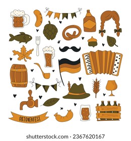 Bavarian beer festival for greeting card, invitation, banner, poster, pack, sticker, glass. Oktoberfest design elements. All objects are separated. Vector illustration