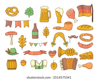 Bavarian beer festival for greeting card, invitation, banner, poster, pack, sticker, glass. Oktoberfest design elements. All objects are separated. Vector illustration