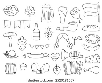 Bavarian beer festival for greeting card, invitation, banner, poster, pack, sticker, glass. Oktoberfest design elements. All objects are separated. Vector illustration