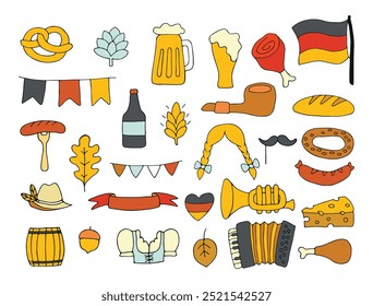 Bavarian beer festival for greeting card, invitation, banner, poster, pack, sticker, glass. Oktoberfest design elements. All objects are separated. Vector illustration