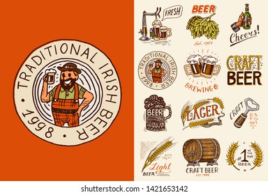 Bavarian beer man and Vintage badges. Set of Alcoholic Label with calligraphic elements. Classic American frame for poster banner. Cheers toast. Hand drawn engraved sketch lettering for pub menu.