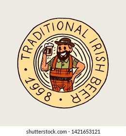 Bavarian beer man in vintage style. Alcoholic Label with calligraphic elements. Classic American badge for poster banner. Cheers toast. Hand drawn engraved sketch lettering for web, pub menu.