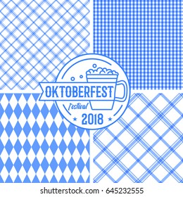 Bavarian blue pattern collection with geometric lines, rhombus and squares. Vector illustration with thin line Oktoberfest festival beer mug sign or badge