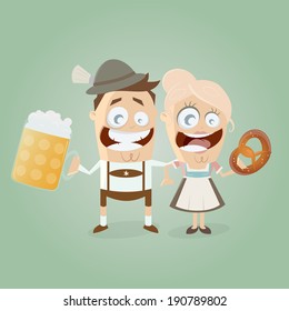 bavarian couple with beer and pretzel