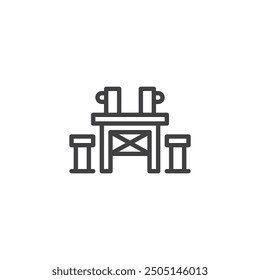 Bavarian Feast line icon. linear style sign for mobile concept and web design. Table with beer mugs and chairs outline vector icon. Symbol, logo illustration. Vector graphics