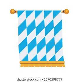 Bavarian flag with blue and white diamond pattern, golden rod, and fringe on white background. Represents German culture and tradition. Vector illustration