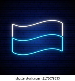 Bavarian flag in neon style. Waving flag on dark brick wall background. Oktoberfest symbol.