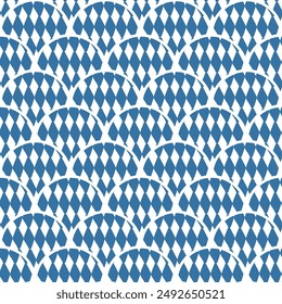 Bavarian flag scallop seamless pattern. Blue and white ornament arch repeat background. Vector hand drawn flat illustration.