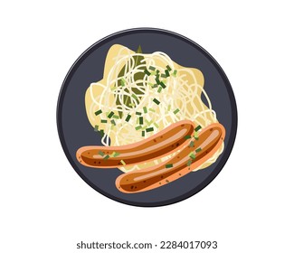 Bavarian food. Bavarian fried sausages on sauerkraut. Food plate isolated on white background. Colorful Flat vector top view illustration. Fresh Bavarian beer food. Oktoberfest celebration.