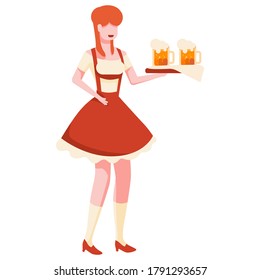 Bavarian girl holds beer mugs on white isolated backdrop. Octoberfest for invitation or gift card, notebook, beer pub logo, scrapbook. Phone case or cloth print. Flat style stock vector illustration