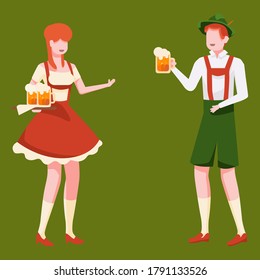 Bavarian girl and man with beer on green backdrop. Octoberfest festival for invitation or gift card, notebook, beer pub logo, scrapbook. Phone case or cloth print. Flat style stock vector illustration
