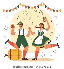 Pareja feliz bávara con ropa tradicional alemana sosteniendo cerveza y bailando con pretzel. Escena festiva del Oktoberfest de Alemania con el hombre en sombrero y la mujer sonriendo.