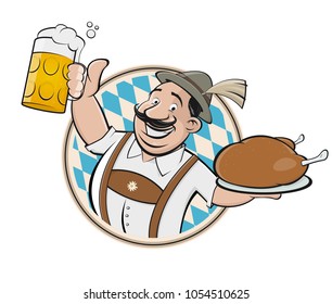 bavarian man with beer and chicken sign