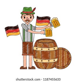bavarian man with beers and barrel flags celebration