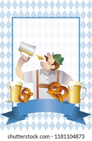 The bavarian man drinking beer. Oktoberfest illustration. 