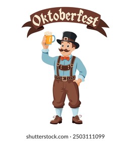 A Bavarian man in a hat smiles and suspenders holds a beer. Above it is a ribbon with the inscription Oktoberfest.