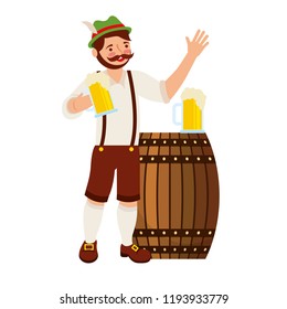 bavarian man holding beers glass and barrel