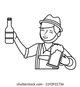 bavarian man holding bottle beer and glass cup