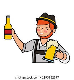 bavarian man holding bottle beer and glass cup