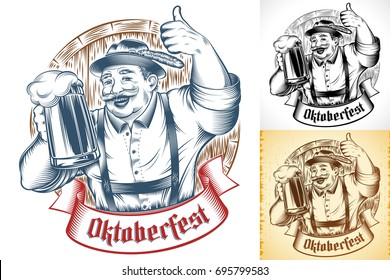 Bavarian Man holding glass of beer. Lettering Oktoberfest on ribbon. Wooden beer barrel. Traditional german clothes hat Trachtenhut, pants Lederhosen. Thumbs-up gesture. Vector ink hand drawing print