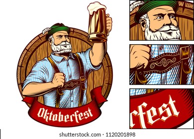 Bavarian man holds glass of beer. Traditional clothes Trachtenhut, Lederhosen, plaid Shirt. Ribbon with gothic lettering Oktoberfest. Vector graphic illustration in retro engraving style. Beer label