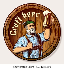 Bavarian man holds glass of beer near wooden barrel. Traditional Oktoberfest clothes Trachtenhut, Lederhosen, plaid Shirt. Gothic lettering Craft beer. Vector art illustration in retro engraving style