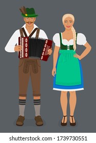 Hombre bávaro en lederhosen con acordeón y chica en Dirndl