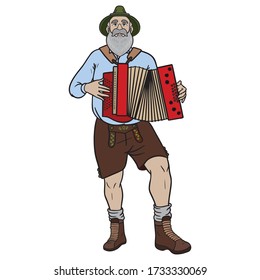 Bayerischer Mann mit Lederhosen und Hut spielt Akkordeon. Tradition, Deutschland, Comic, Musik.