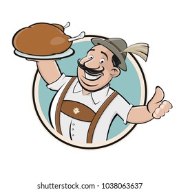 bavarian man serving delicious chicken sign