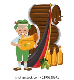 Bavarian man with trumpet and beer barrels