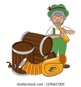 Bavarian man with trumpet and beer barrels