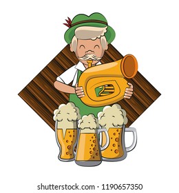 Bavarian man trumpet and beer cups