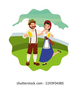 bavarian man and woman with beers landscape