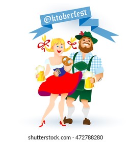 Bavarian man and woman celebrating oktoberfest with a big glass of beer. Vector illustration