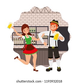 bavarian man and woman drinking in the bar