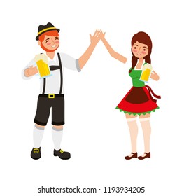 bavarian man and woman holding hands with beers